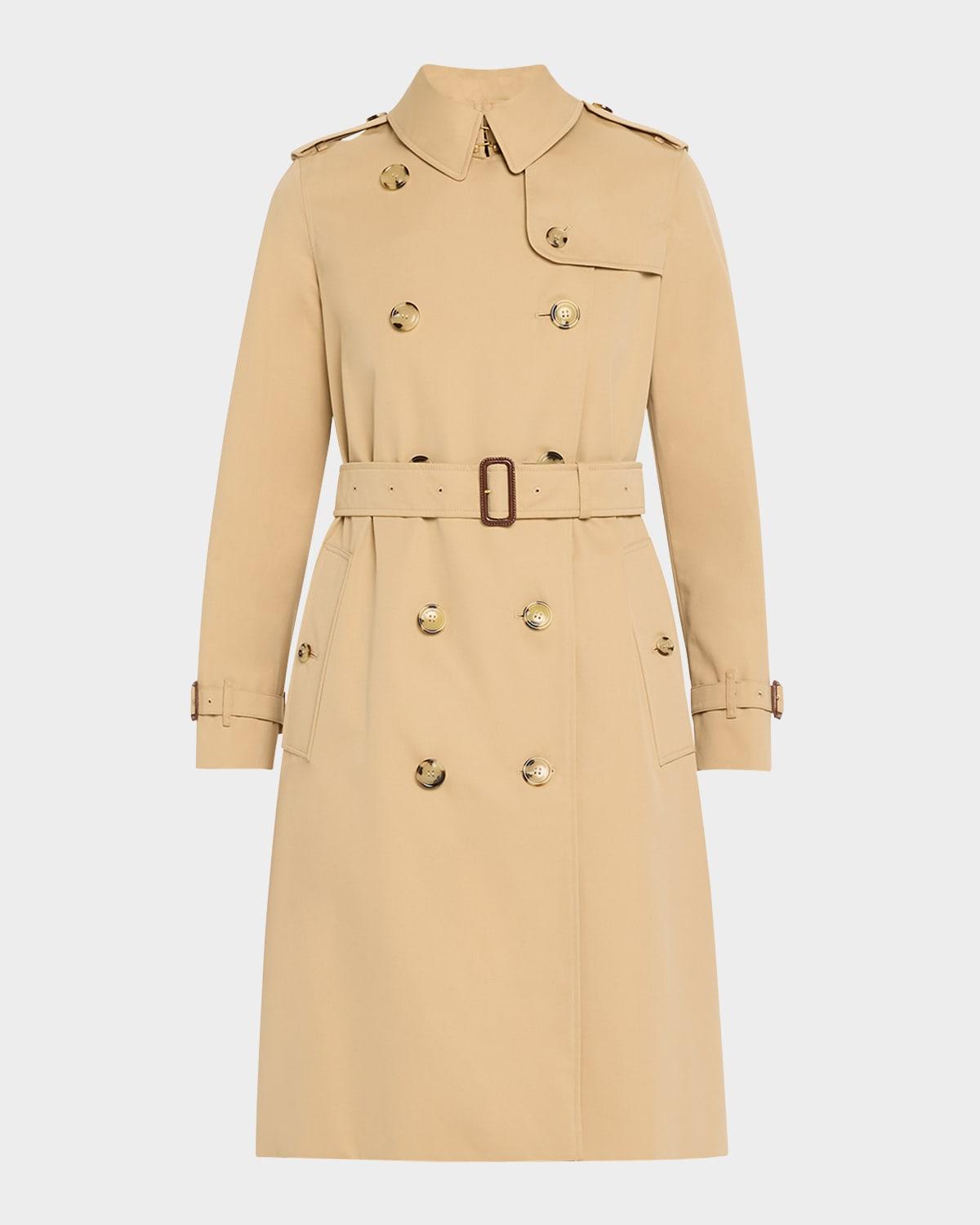 kensington organic belted double-breasted long trench coat