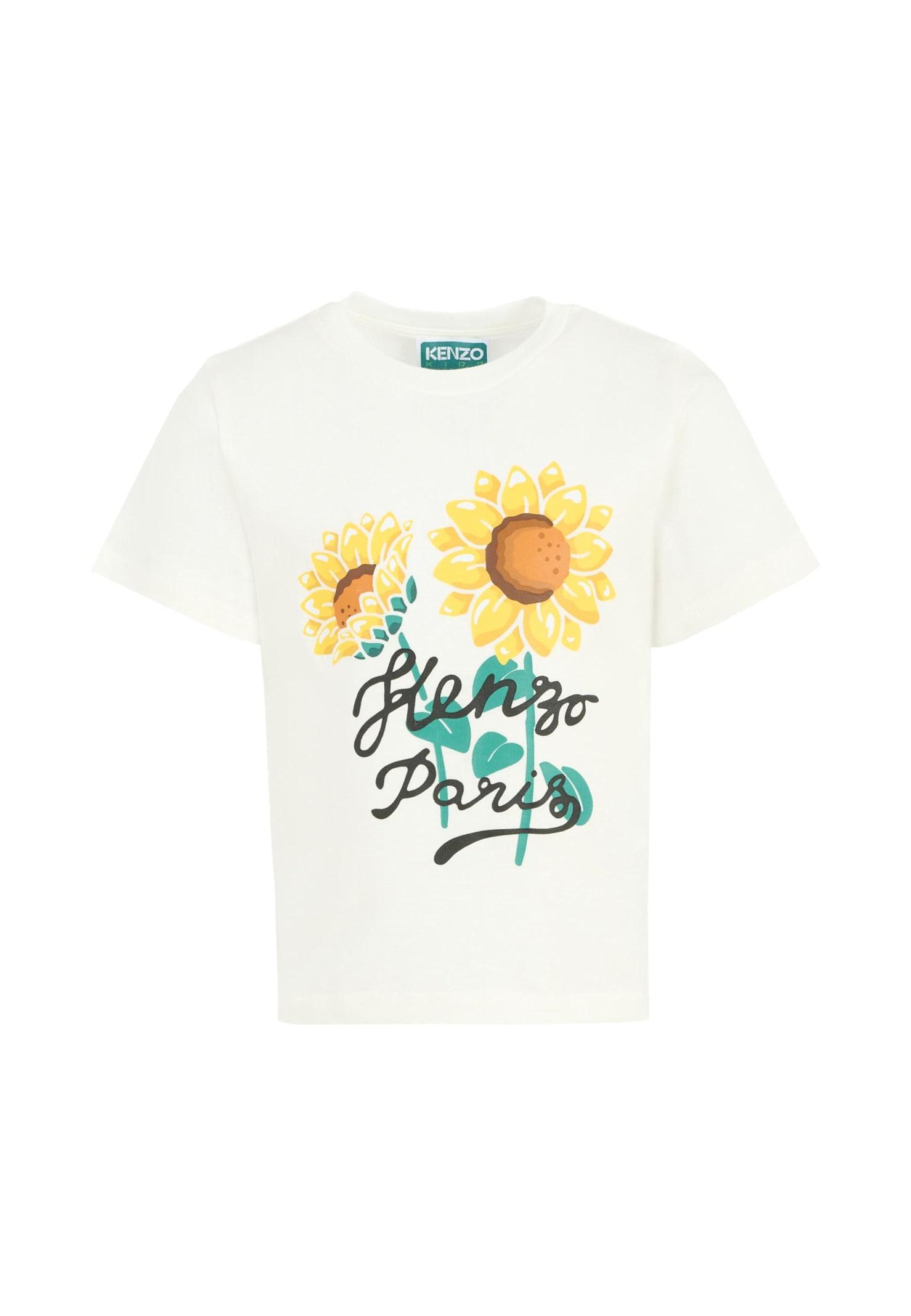 kenzo kids ivory t-shirt for girl with sunflower