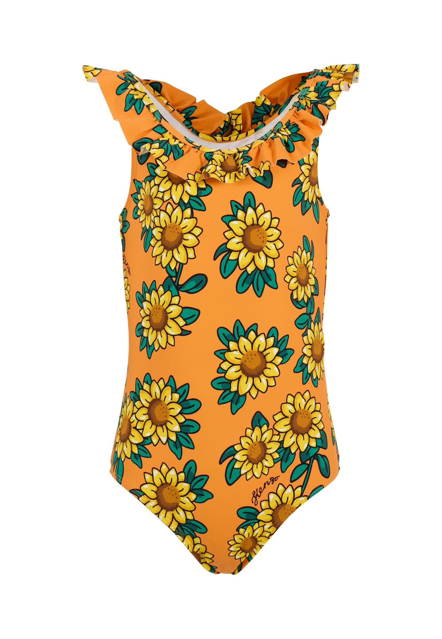 kenzo kids orange swimsuit for girl with sunflower