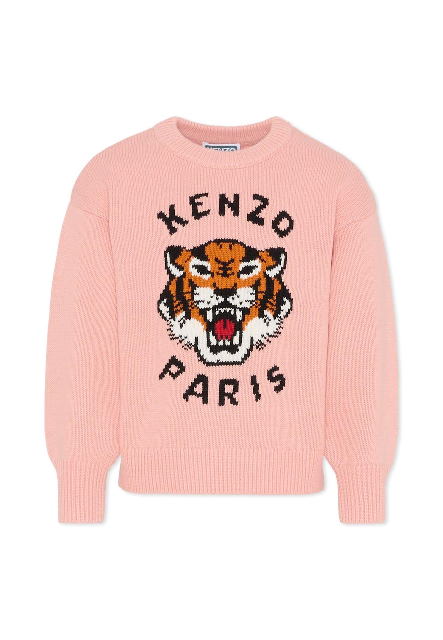 kenzo kids pink sweater for girl with lucky tiger
