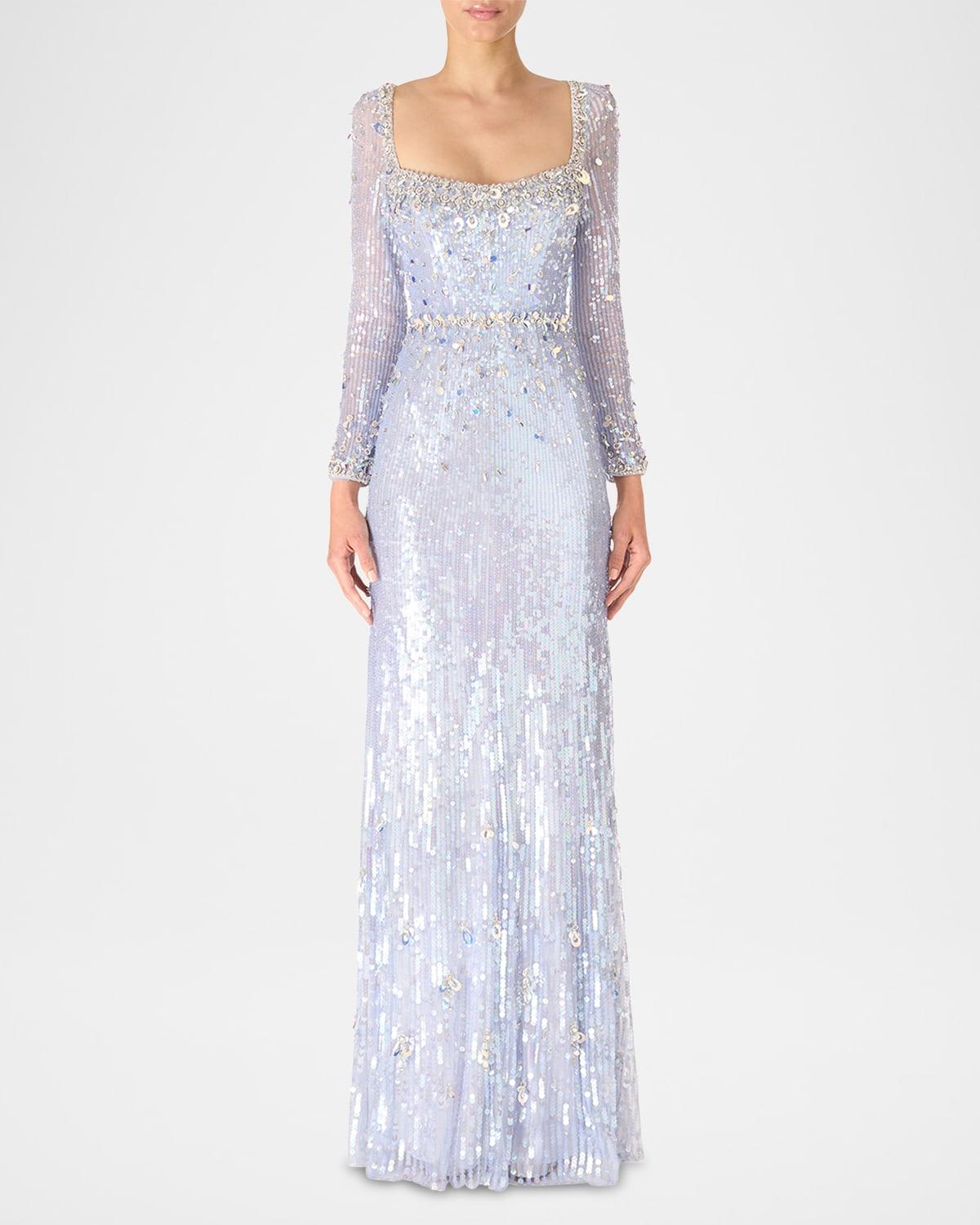 kestra embellished long-sleeve sequin gown