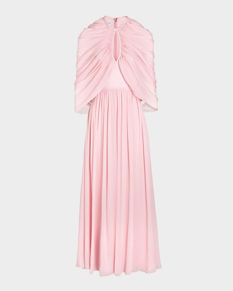 keyhole draped cape silk gown