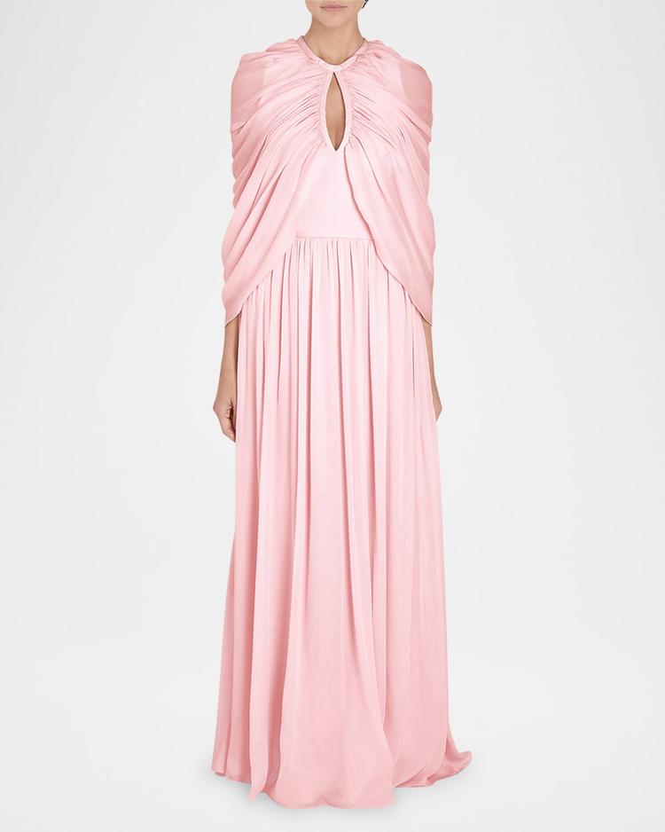 keyhole draped cape silk gown
