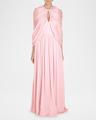 keyhole draped cape silk gown