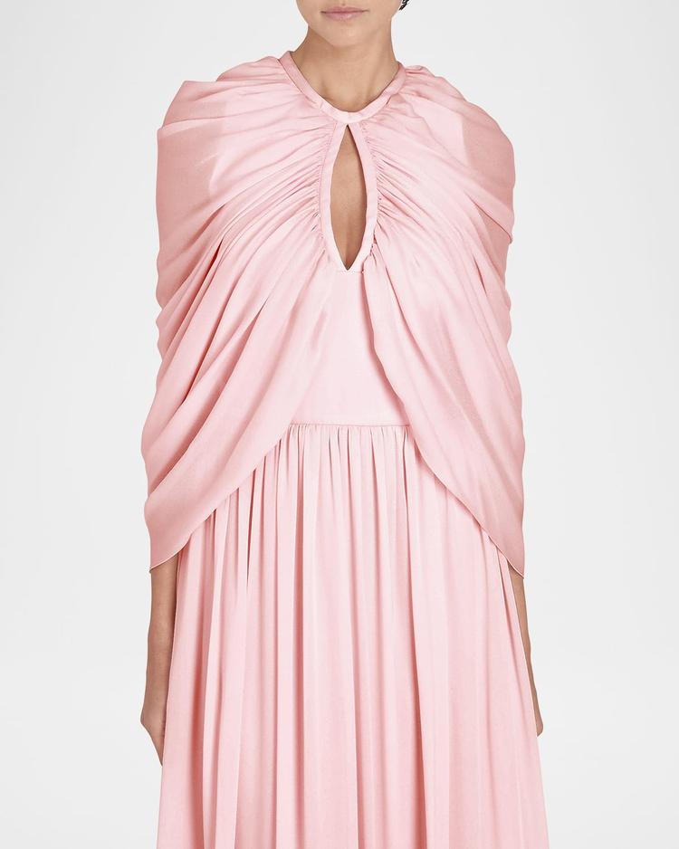keyhole draped cape silk gown