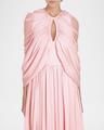 keyhole draped cape silk gown