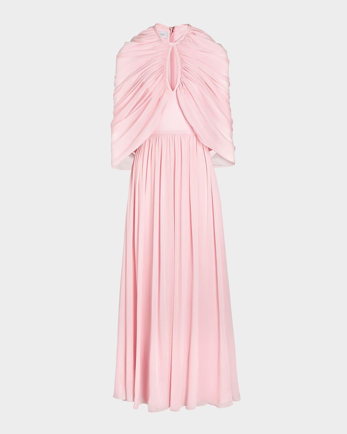 keyhole draped cape silk gown