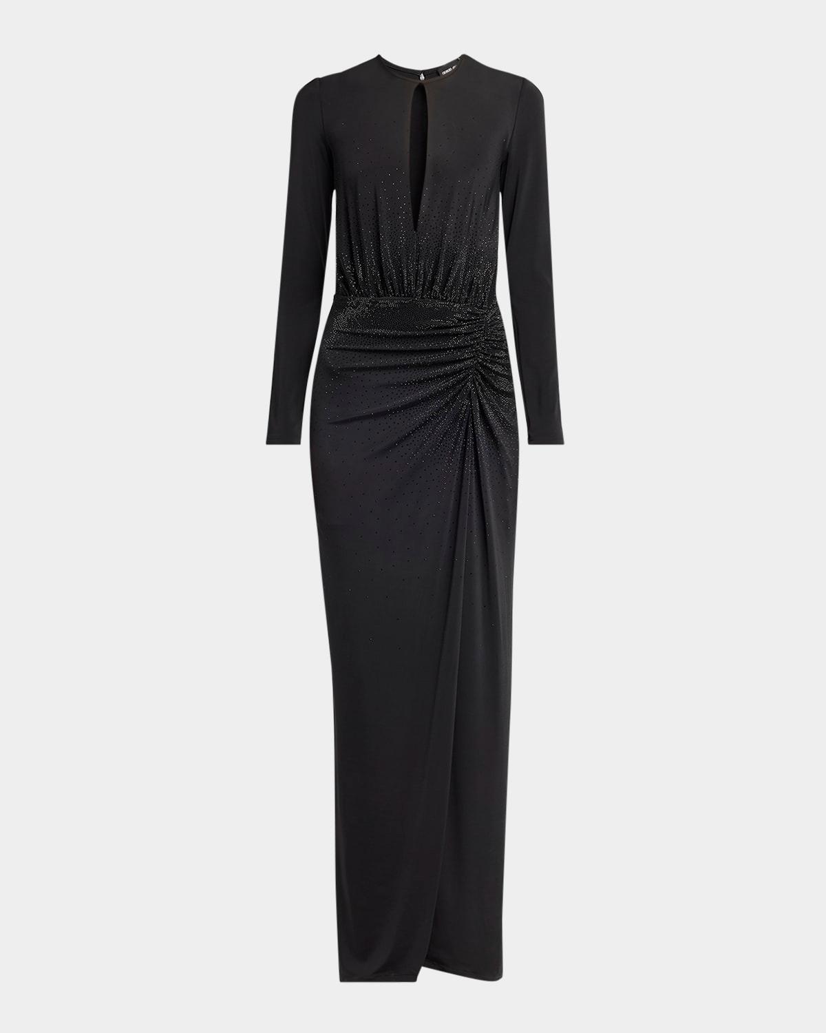 keyhole long-sleeve crystal draped jersey gown