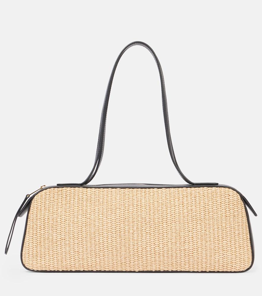 khaite simona leather-trimmed raffia shoulder bag