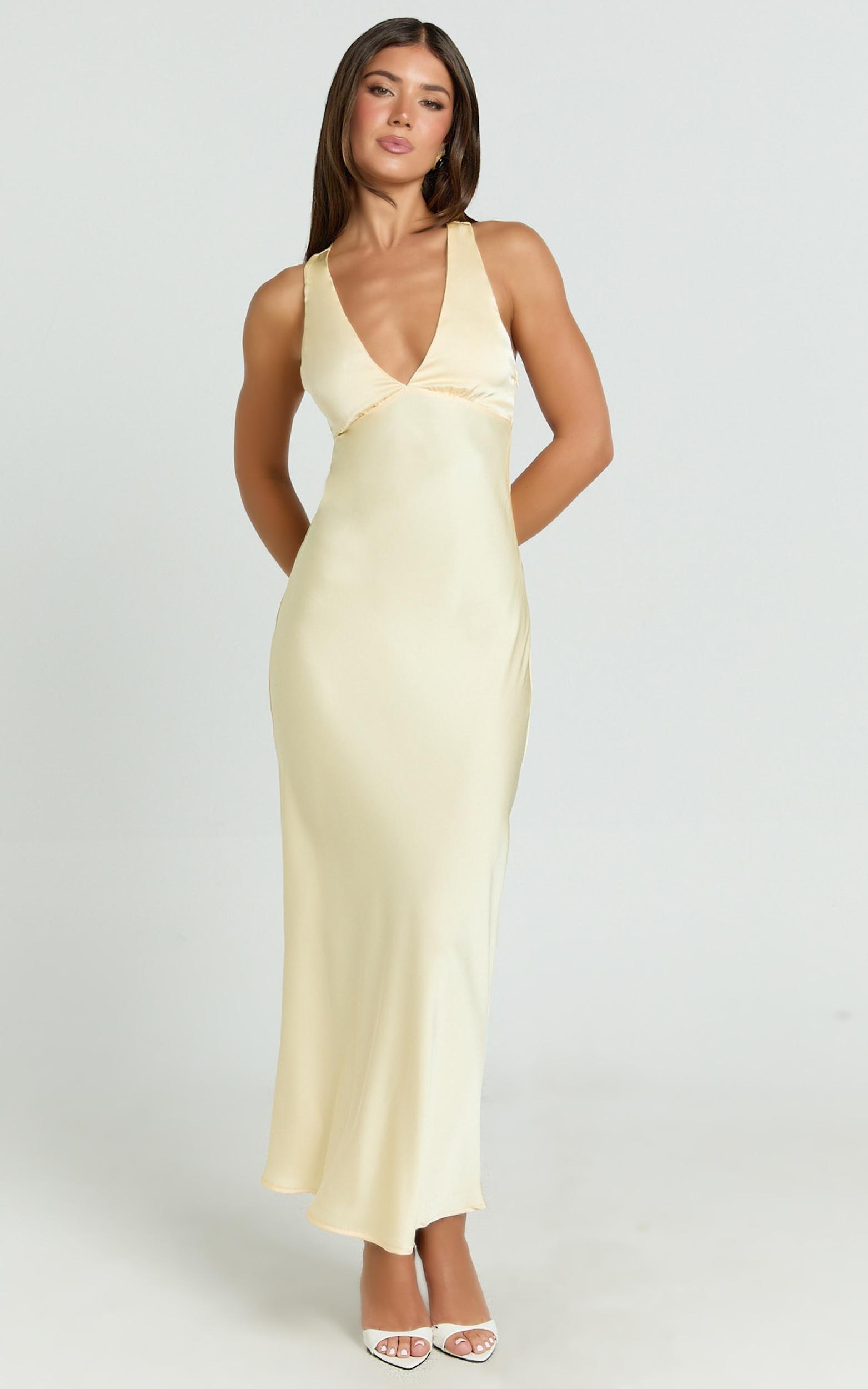 khalani midi dress - deep v neck satin slip dress in butter yellow