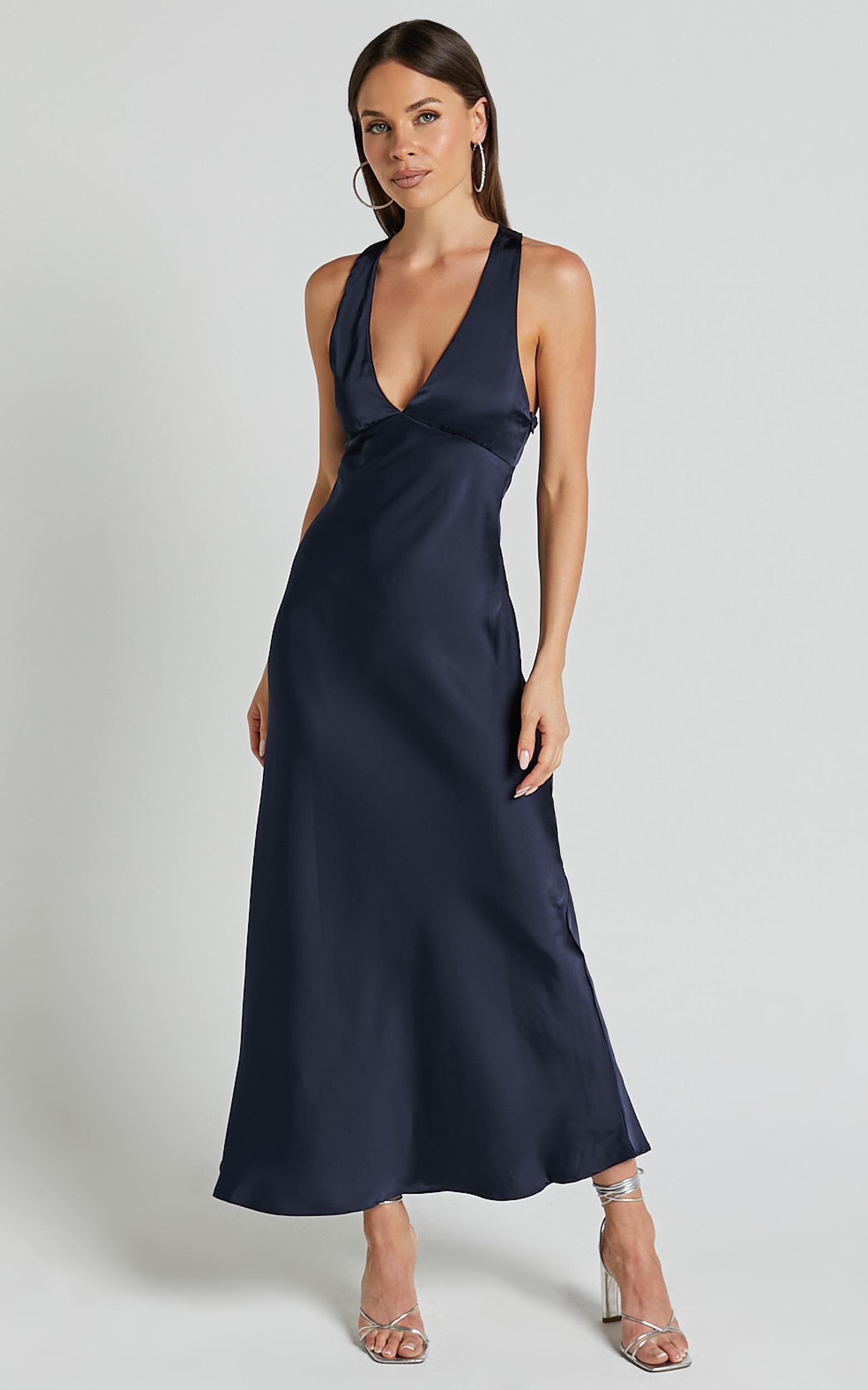 khalani midi dress - deep v neck satin slip dress in navy
