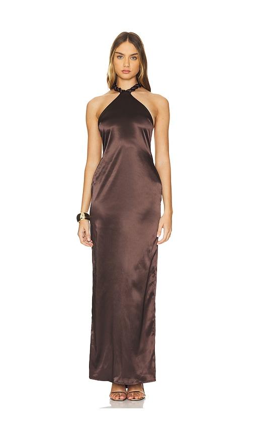 khanums satin halter maxi dress in brown.