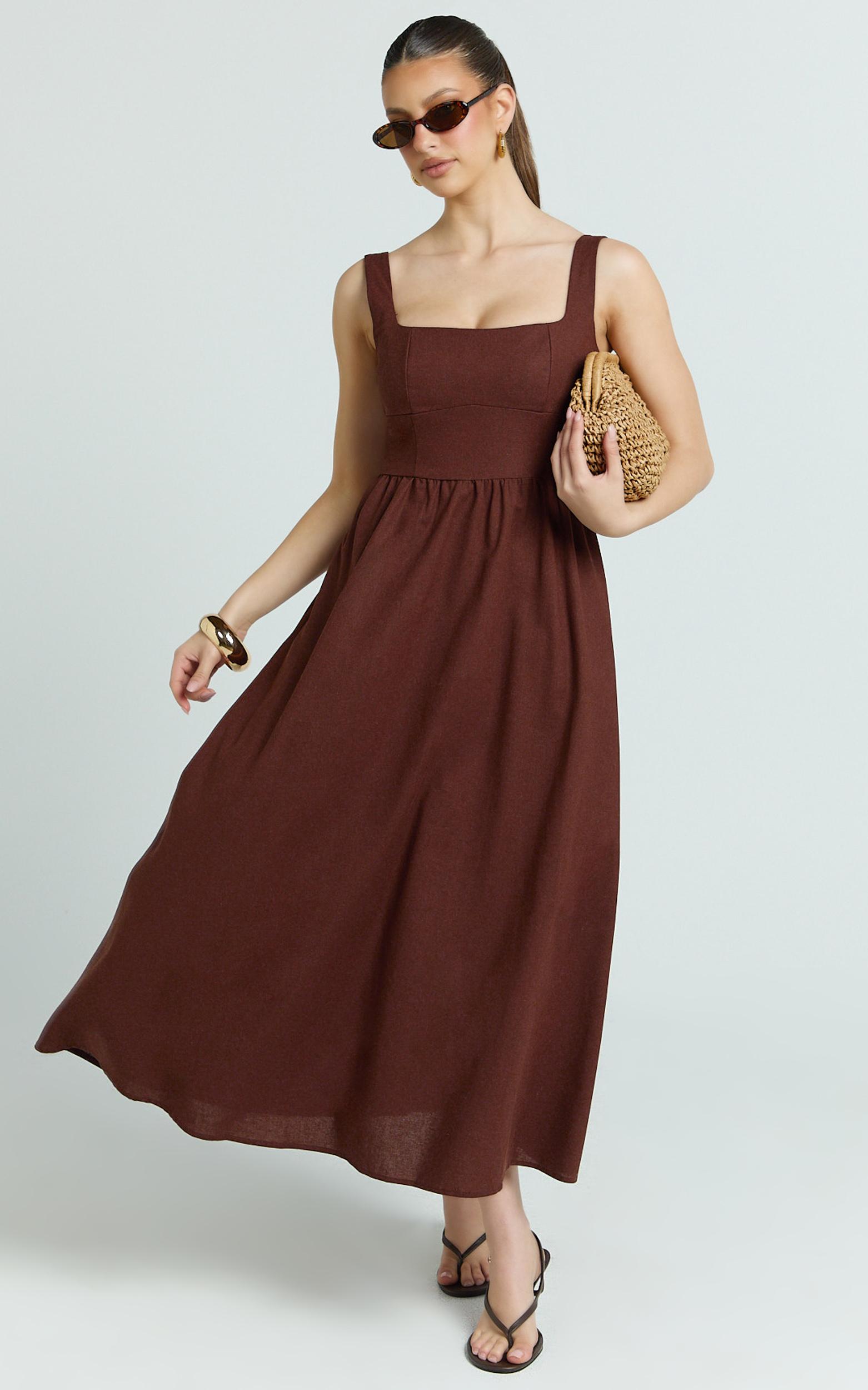 khari midi dress - linen look square a line dress in chocolate