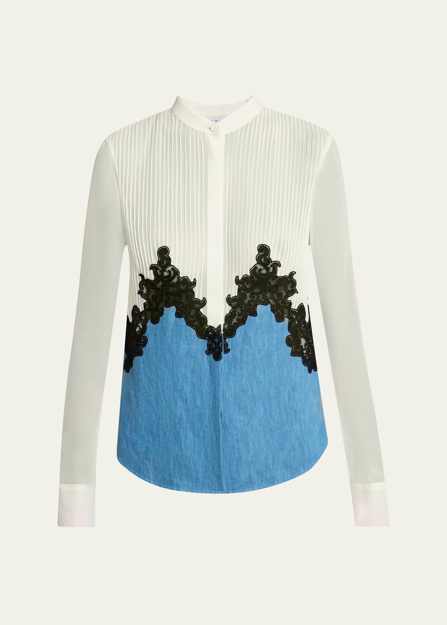 kheti pintuck denim lace button down top