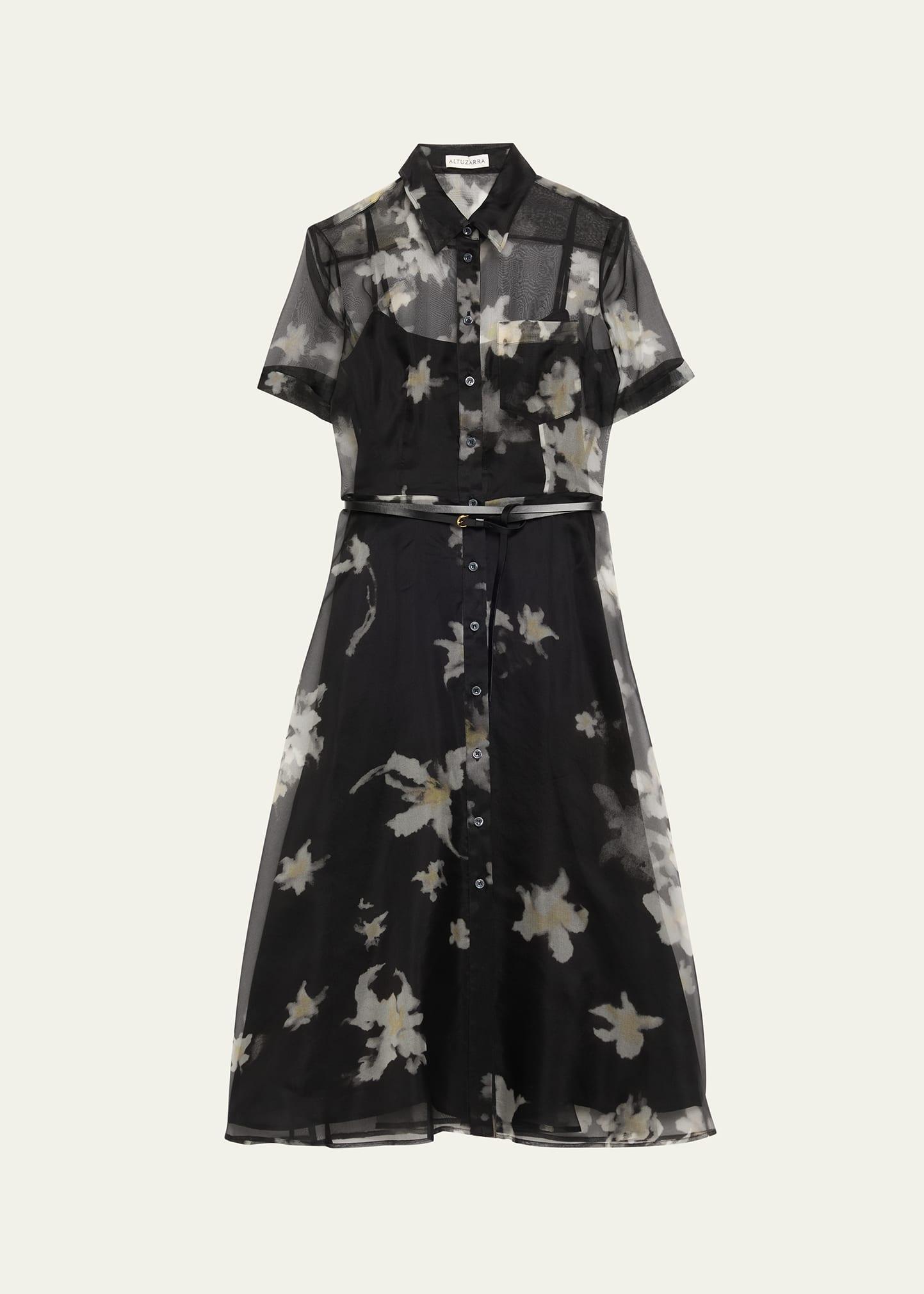kiera floral sheer silk midi shirtdress