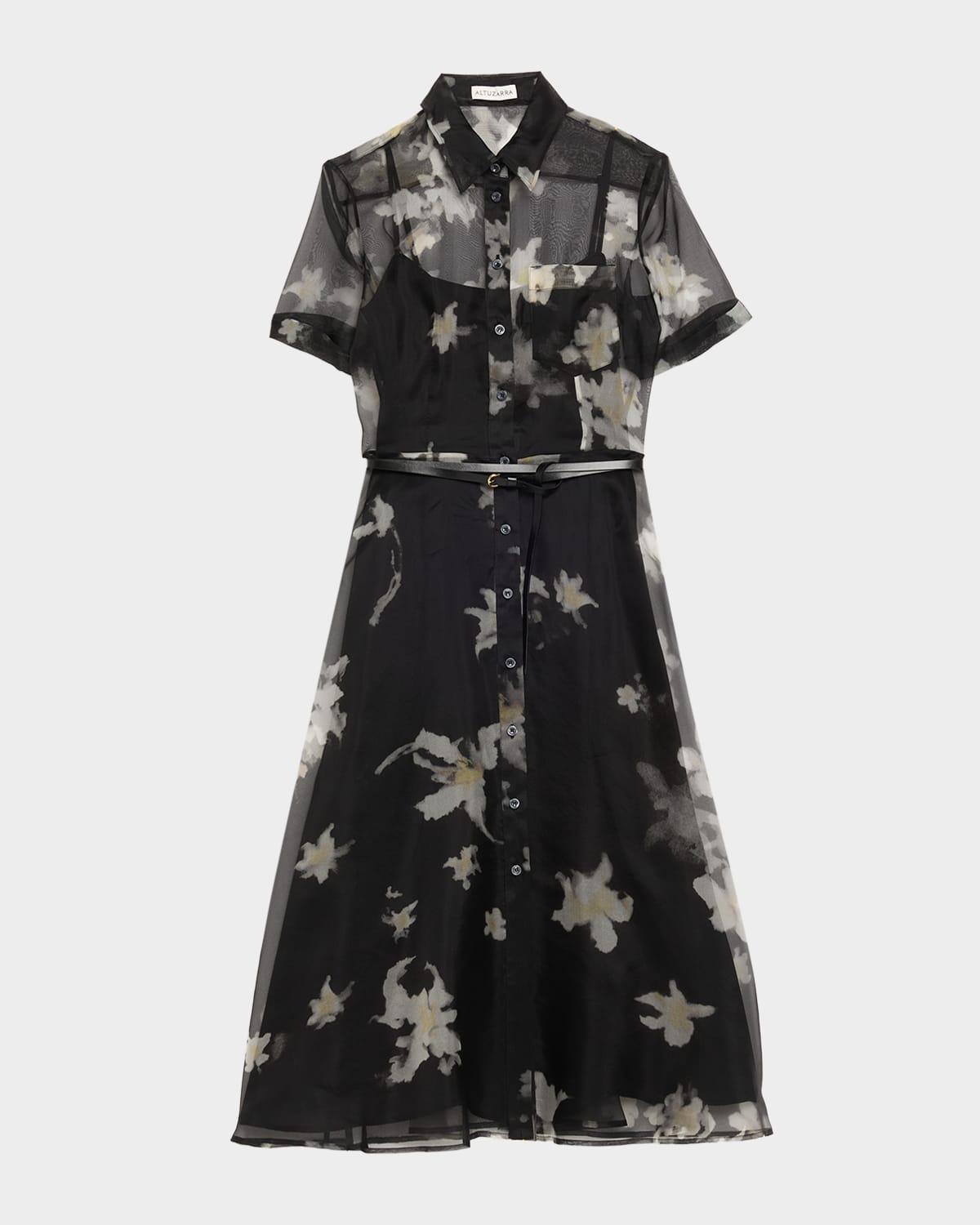 kiera floral sheer silk midi shirtdress