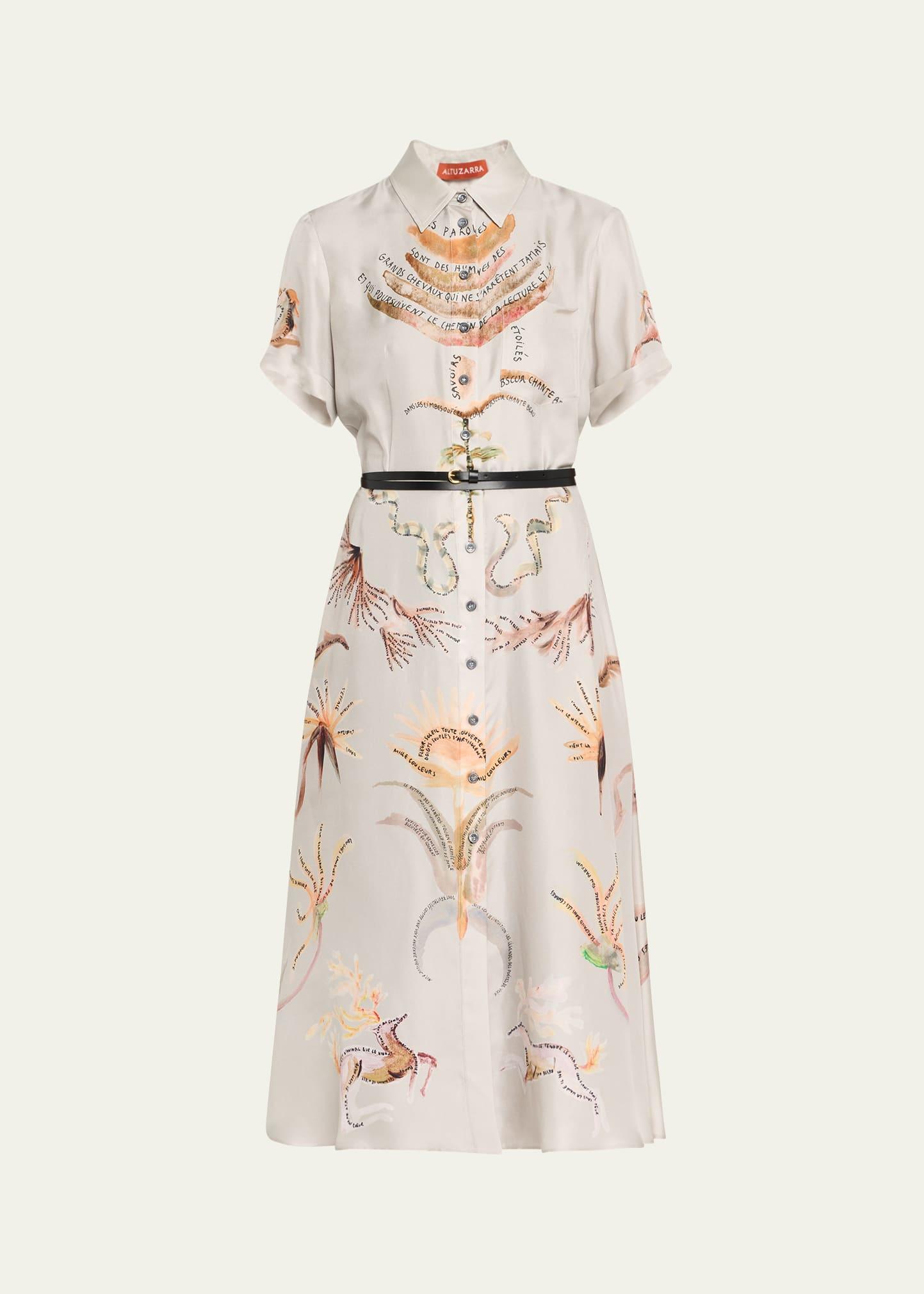 kiera printed short-sleeve silk midi shirtdress
