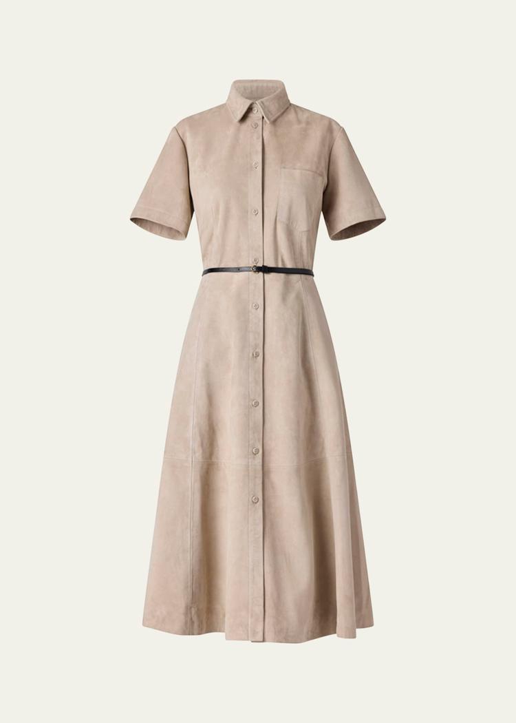 kiera suede fit-flare belted midi dress