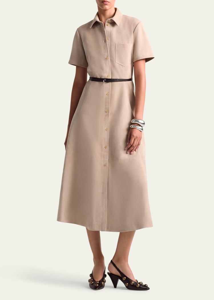 kiera suede fit-flare belted midi dress