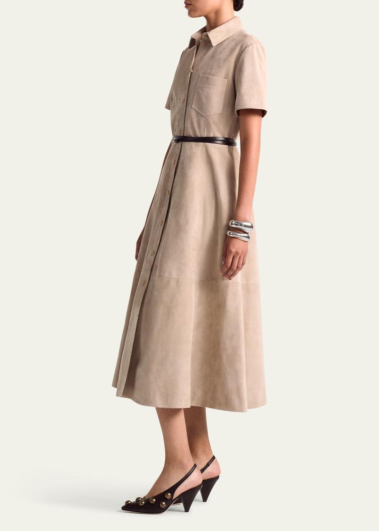 kiera suede fit-flare belted midi dress
