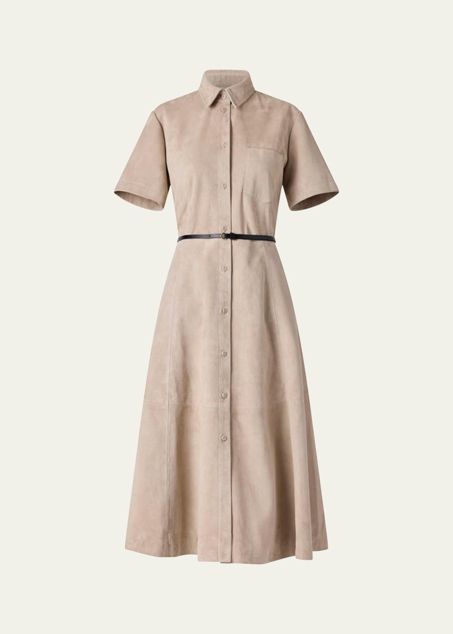 kiera suede fit-flare belted midi dress