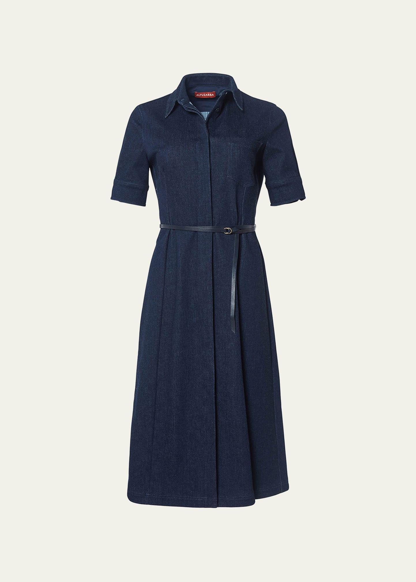 kieran denim leather belted midi dress