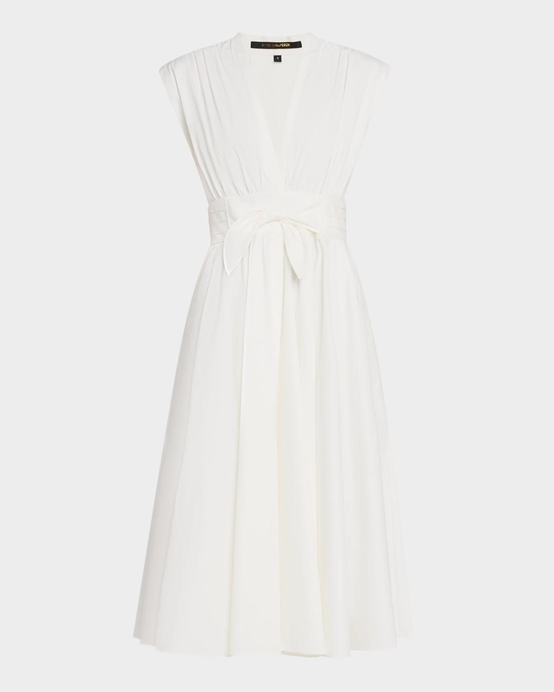 Kiernan Ruched Cap-Sleeve Midi Dress – Indigo slip dress with pleated waist and tie-up detail—elegant and structured.
