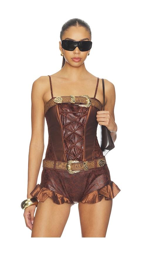 kim shui frontier lace-up corset top in brown.