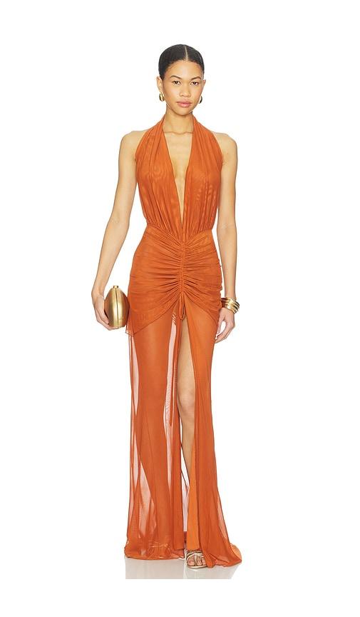 kim shui maxi dress in burnt orange.