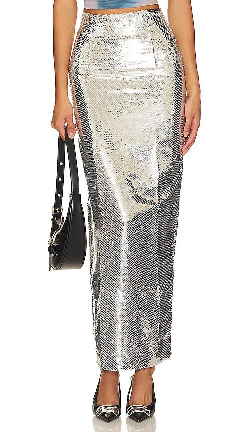 kim shui pailette maxi skirt in metallic silver, grey.
