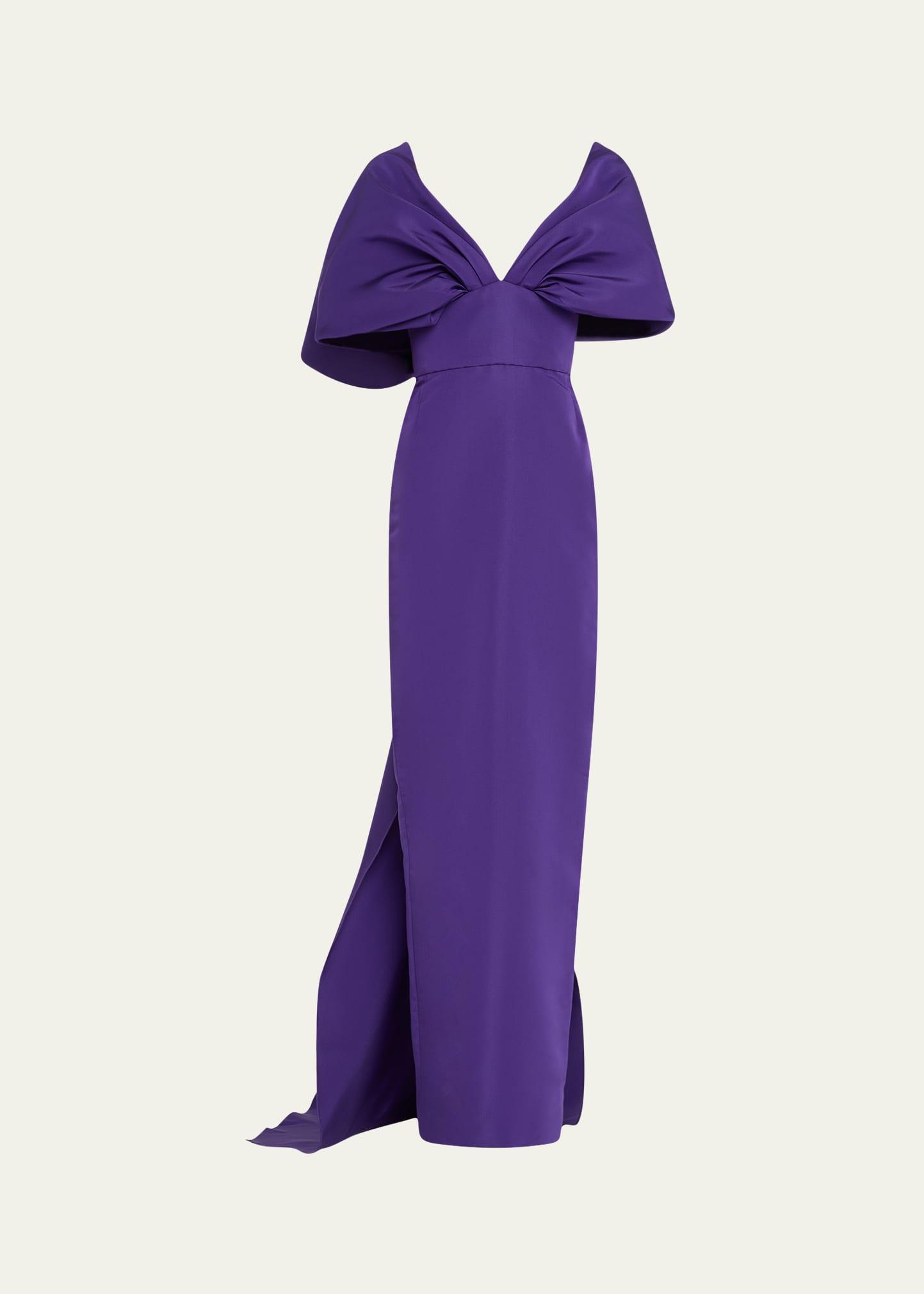 kimono-sleeve faille column gown with train