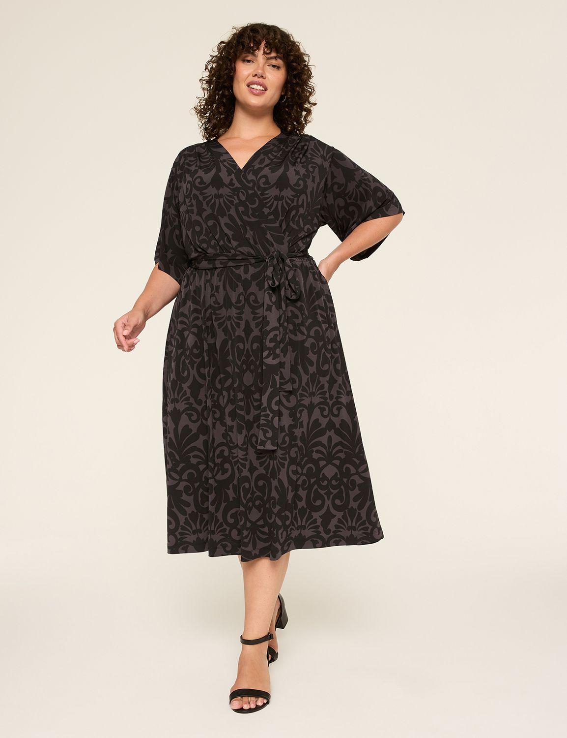 kimono-sleeve faux-wrap jersey midi dress