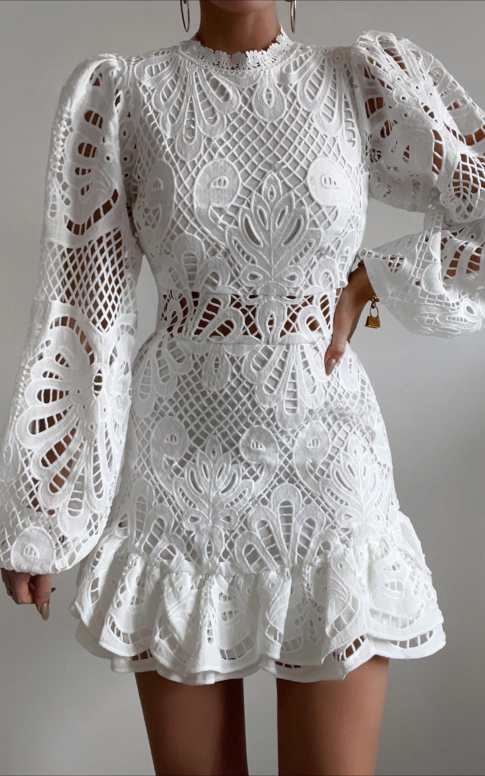 kiss me now mini dress - long puff sleeve dress in white lace
