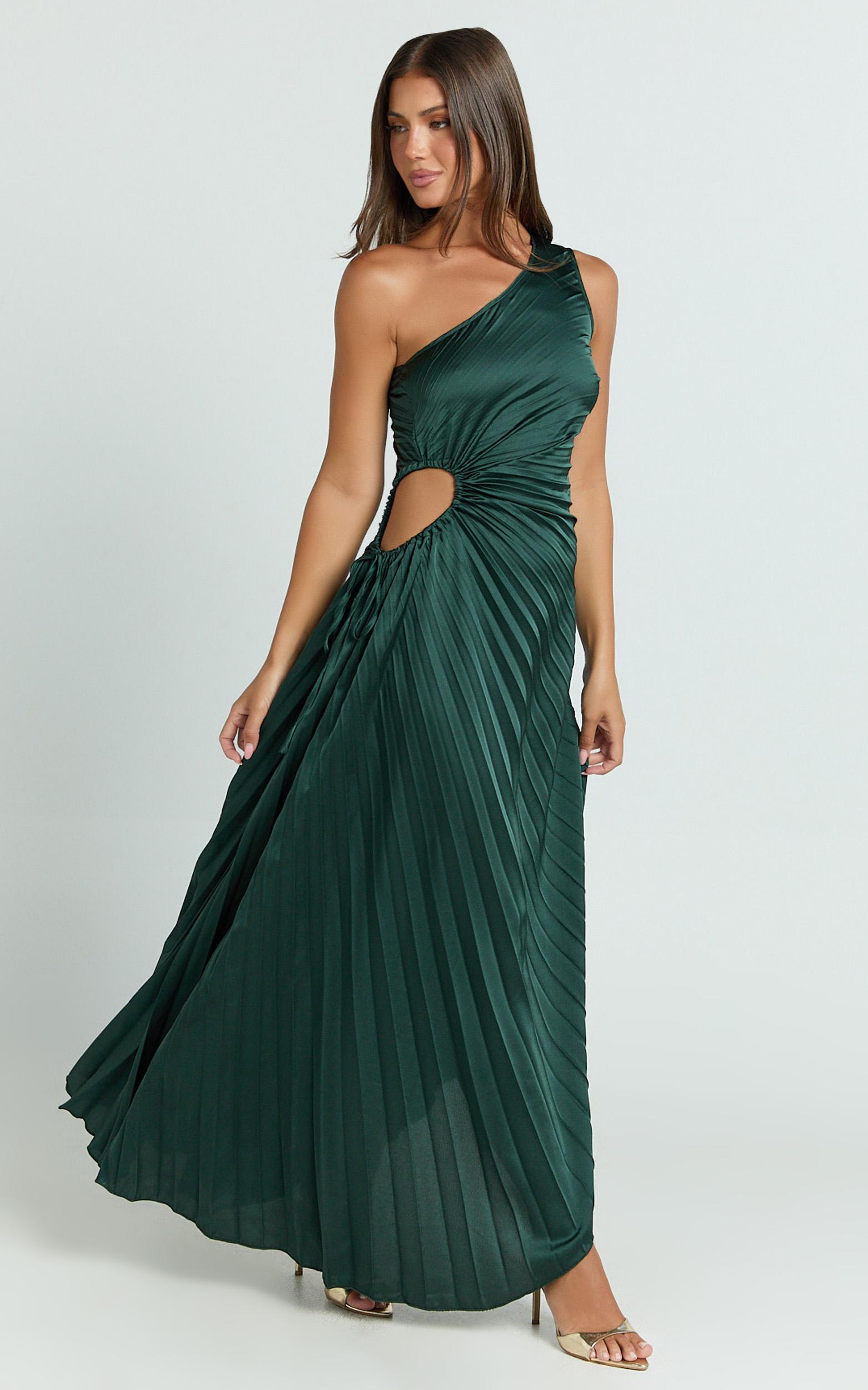 kitsune maxi dress - one shoulder cut out dress in emerald green