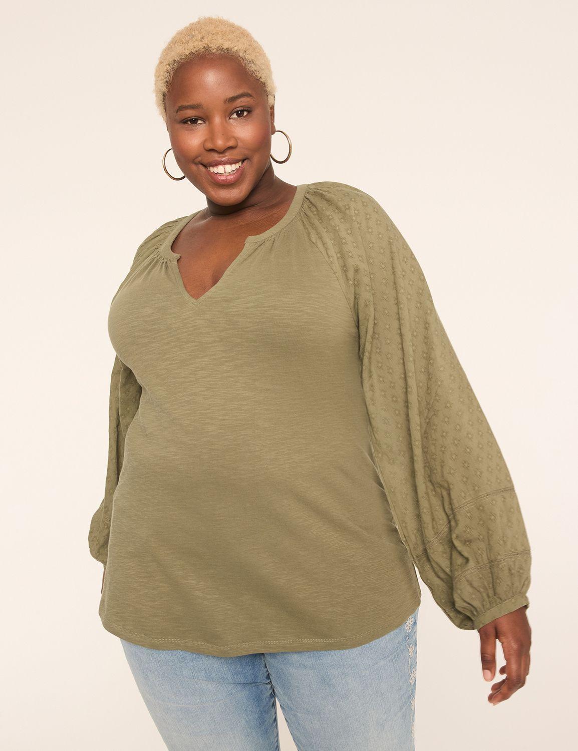 knit & woven jacquard 3/4-sleeve top