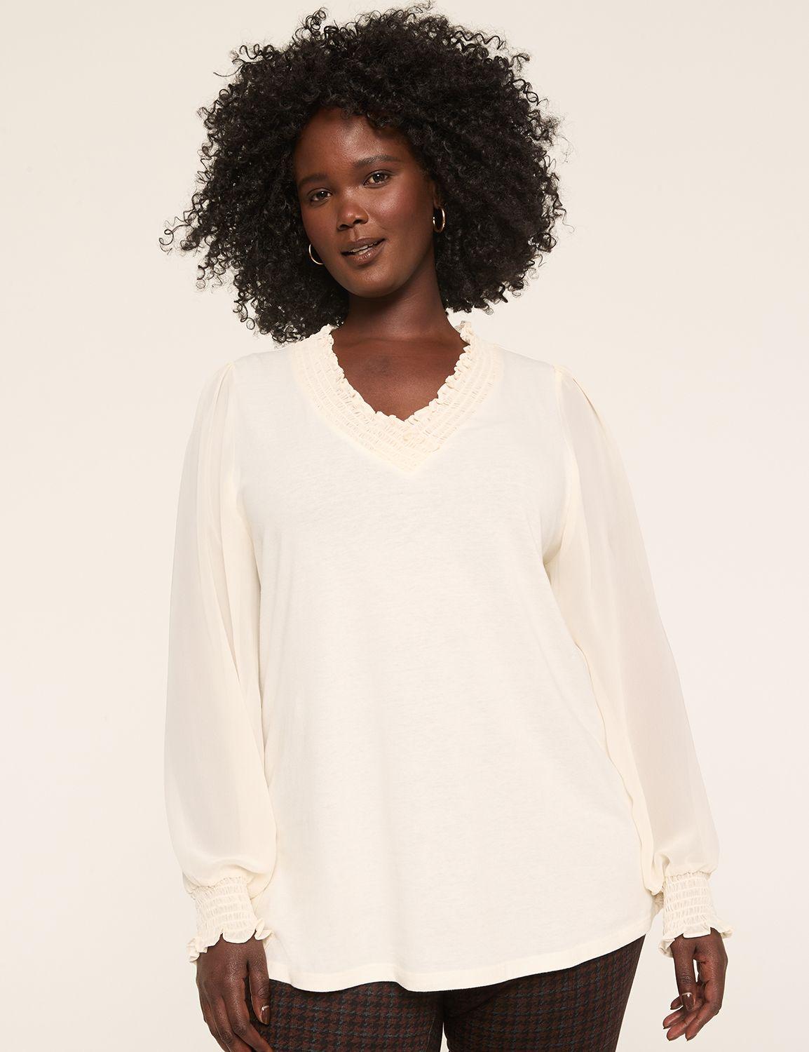 knit & woven smocked v-neck top