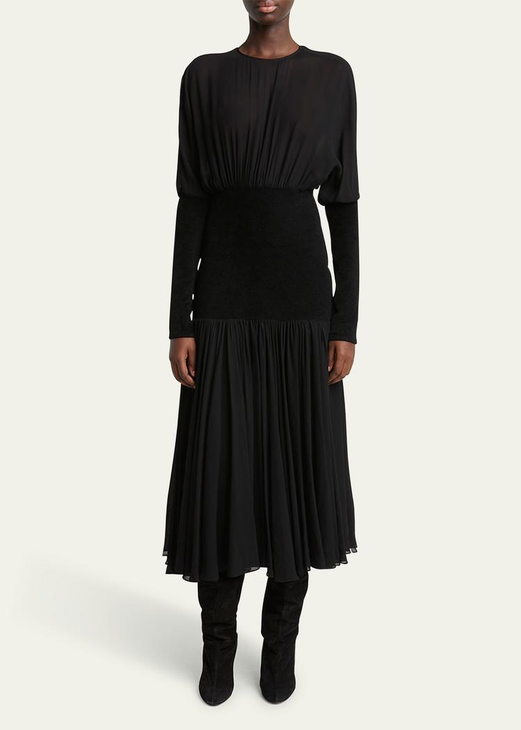 knit band sheer chiffon midi dress