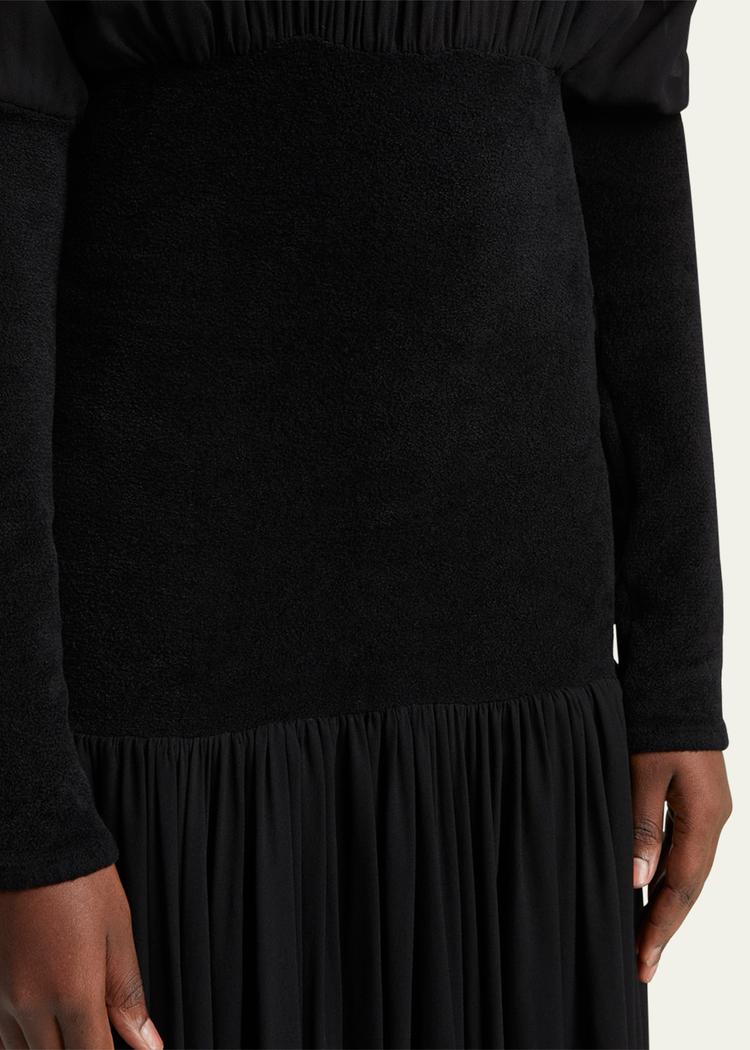 knit band sheer chiffon midi dress