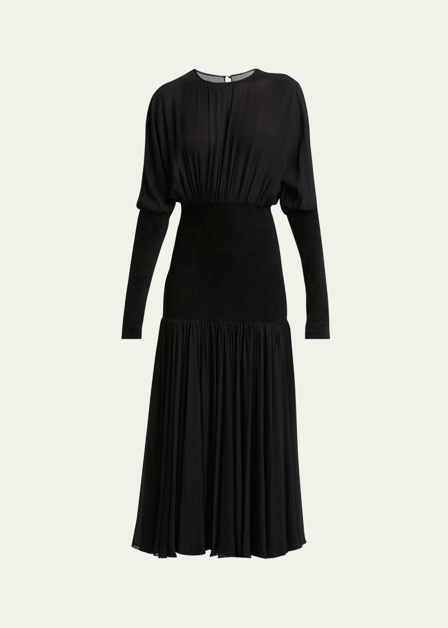 knit band sheer chiffon midi dress