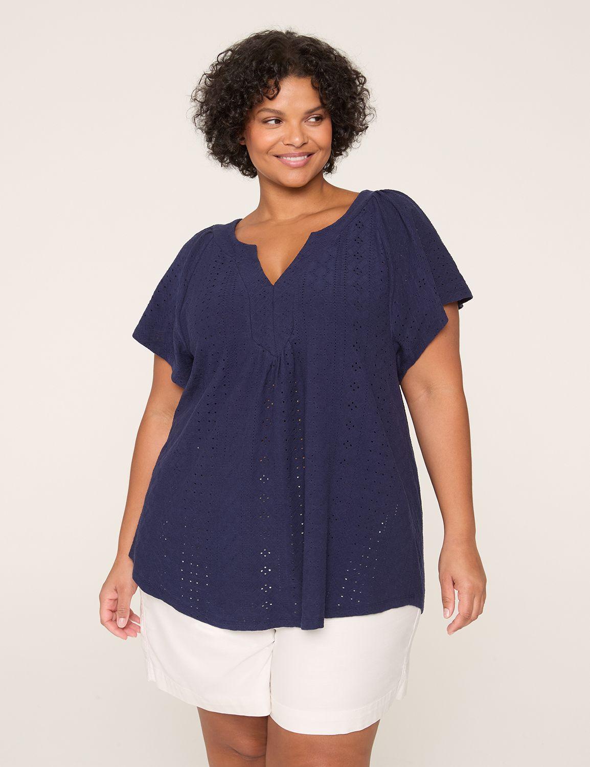 knit eyelet notch-neck top
