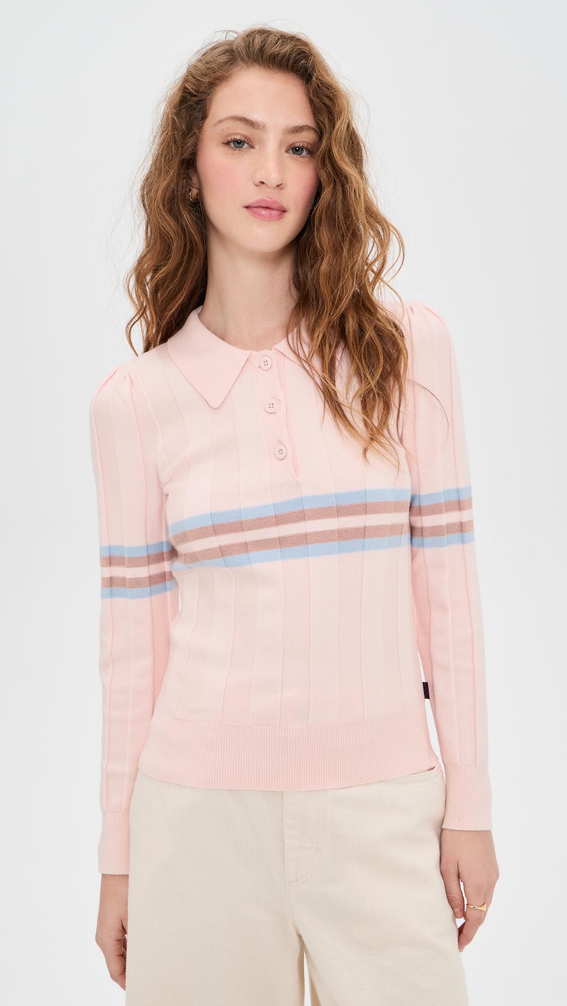 knit intarsia stripe long sleeve polo