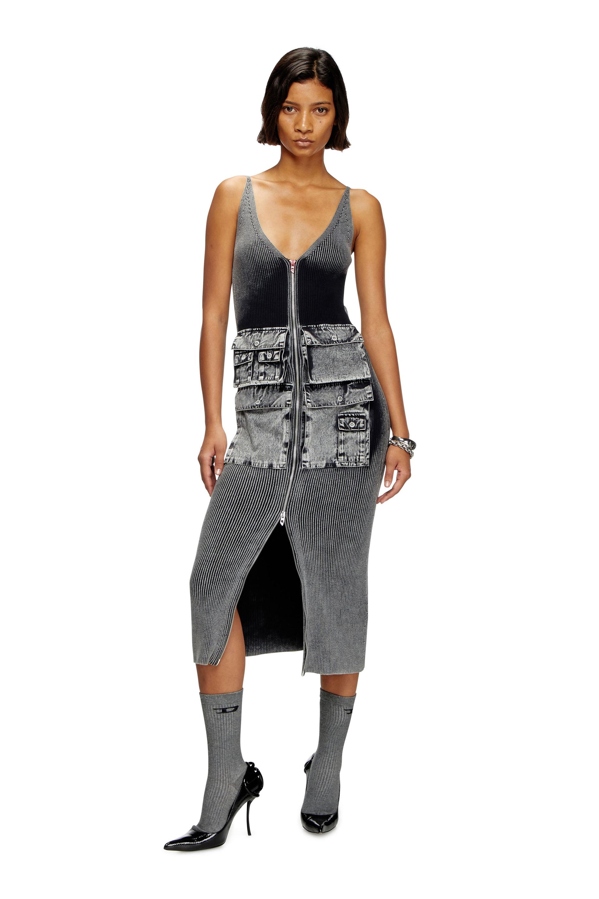 knit midi dress with contrast pockets