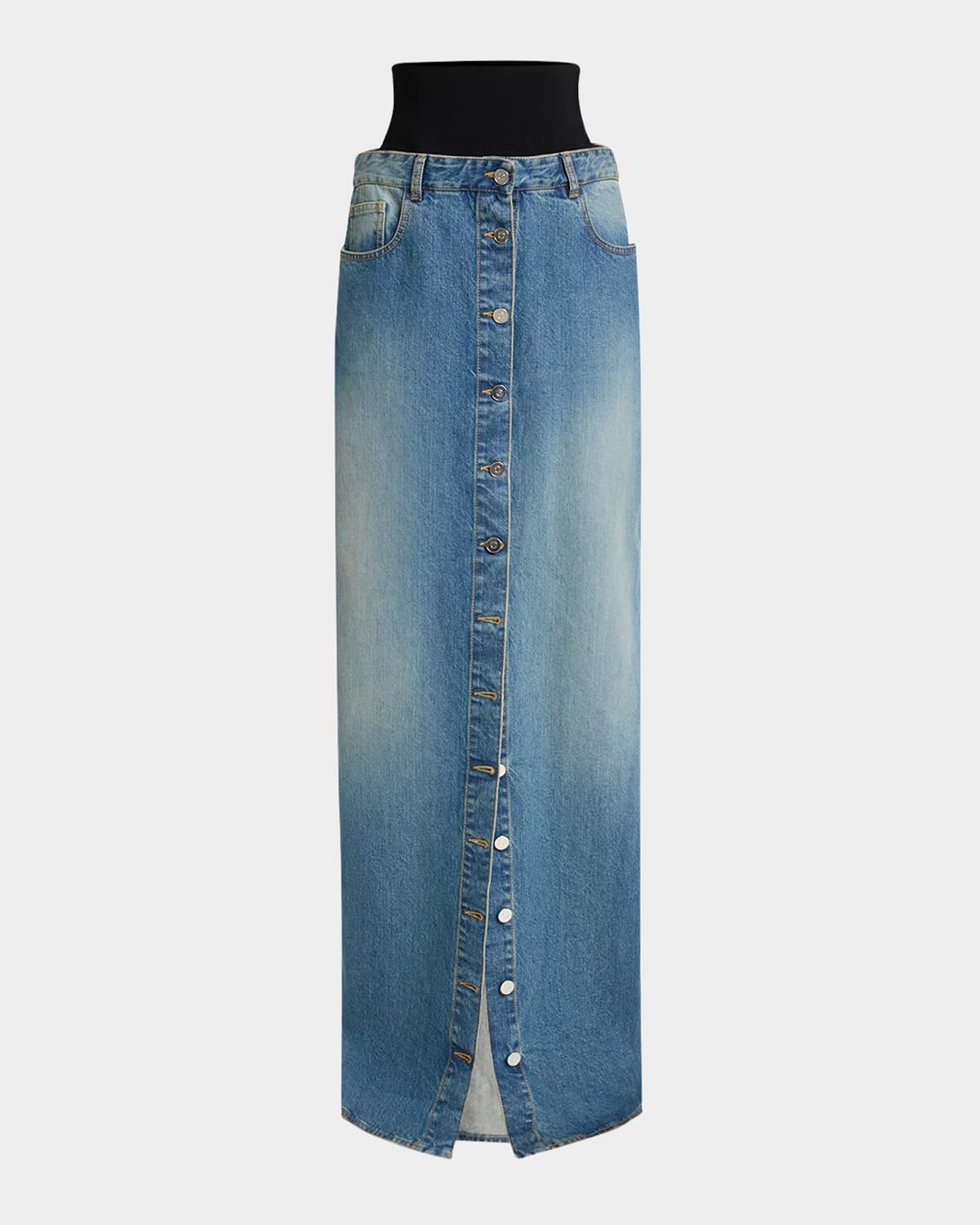 knit waistband pillar long denim skirt