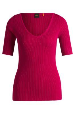 knitted sweater with v neckline in slim fit- pink women's sweaters