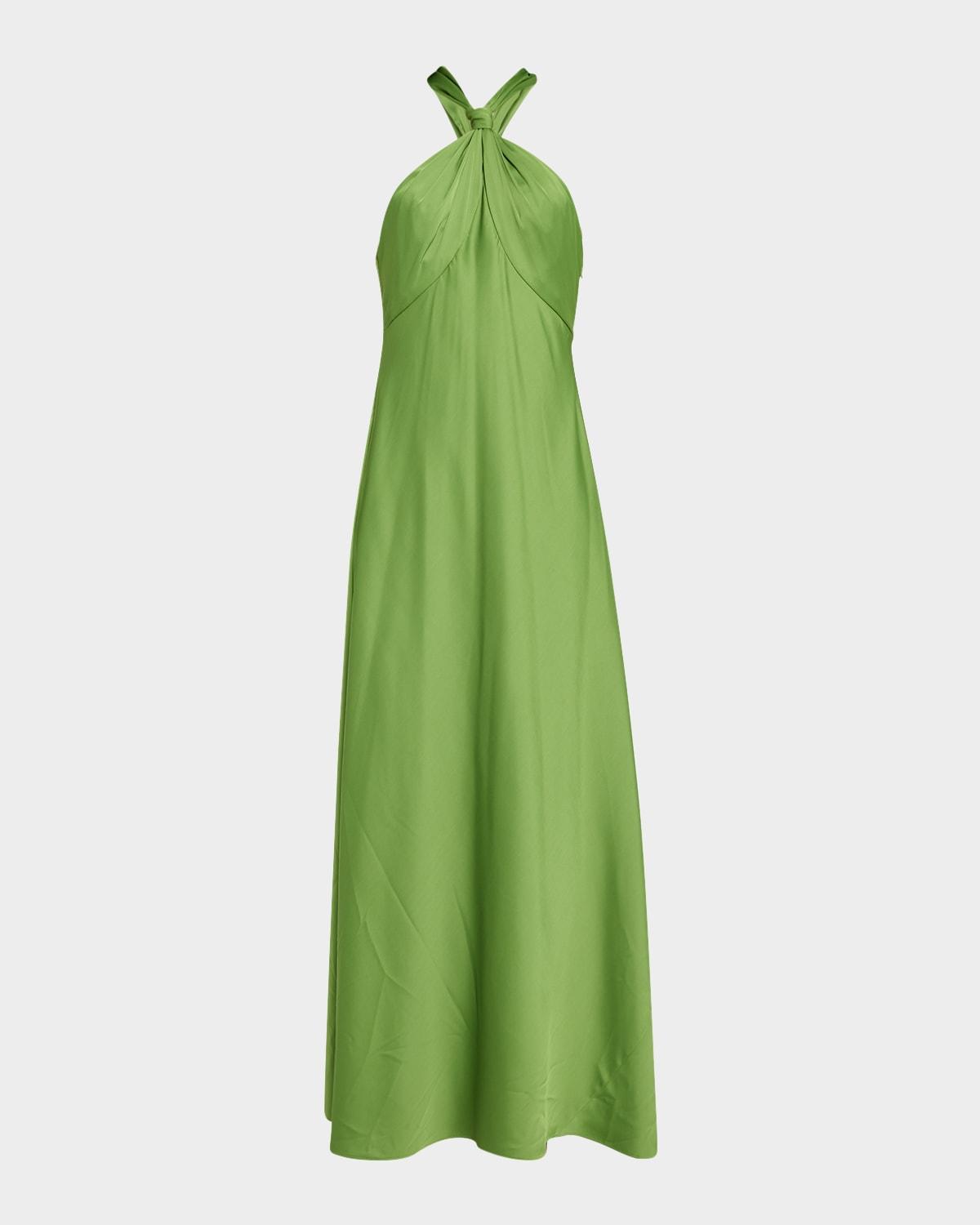 knot-embellished satin halter gown