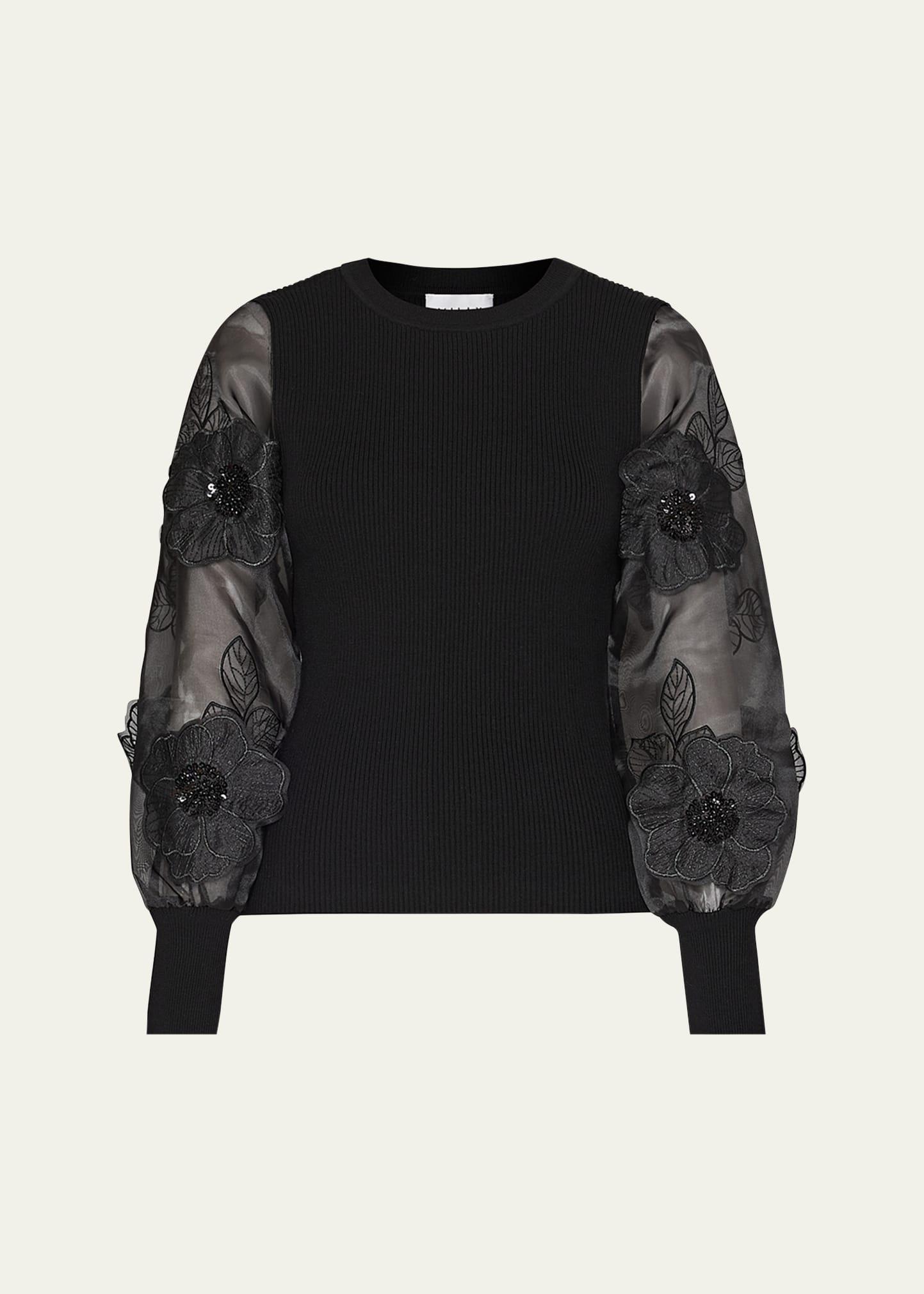 koda embroidered sheer-sleeve ribbed pullover