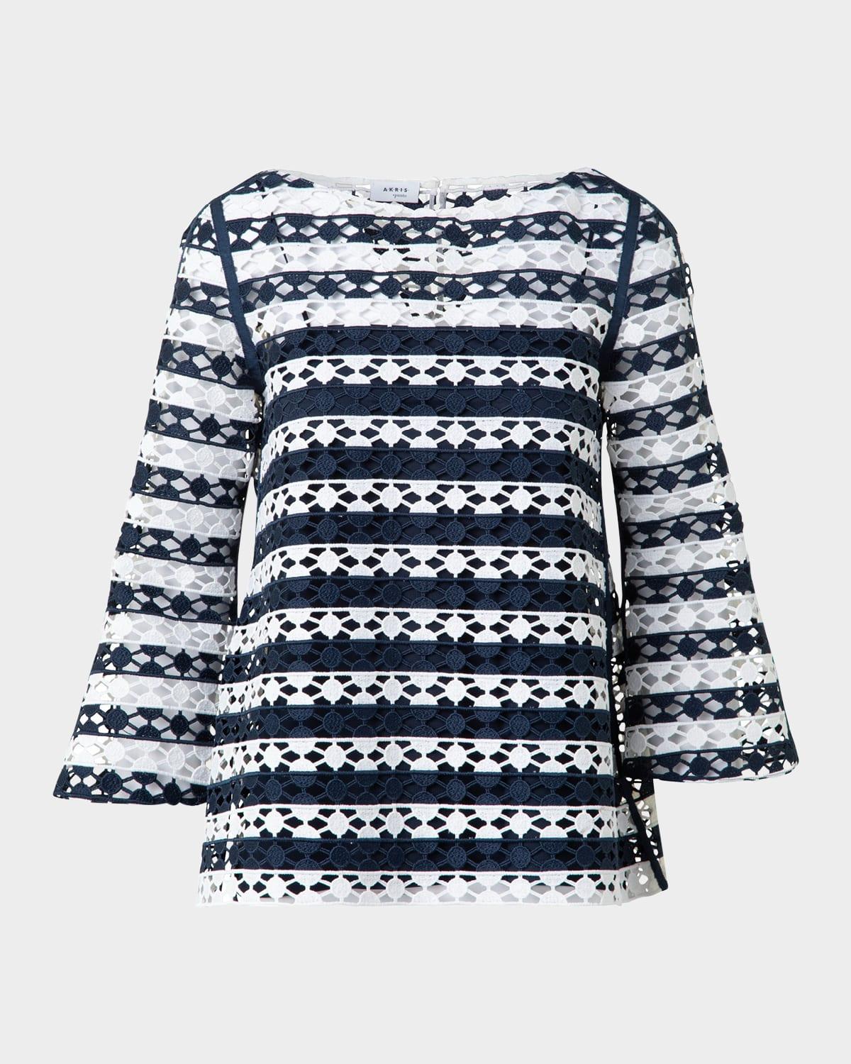kodak striped dot guipure trumpet-sleeve blouse