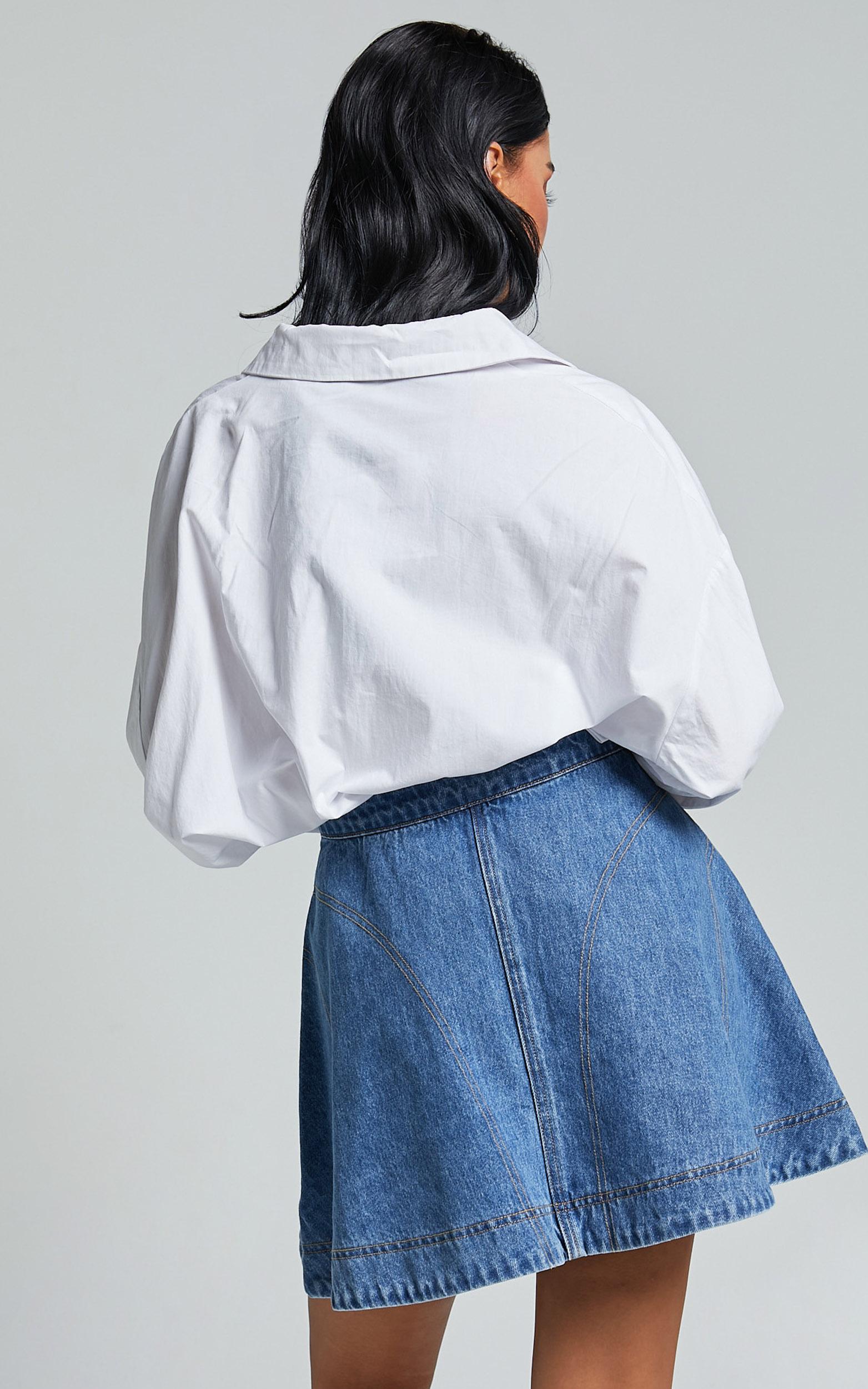koemi skirt - high waisted denim flare in mid blue wash