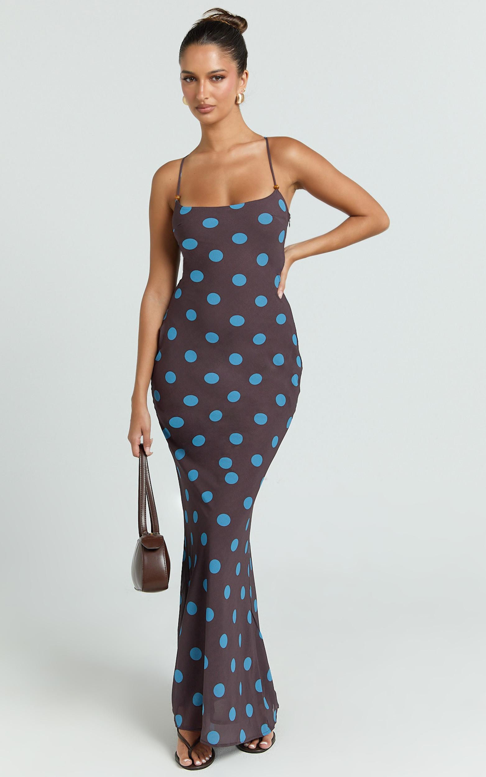 krishna maxi dress - strappy scoop neck floral placement print georgette dress in polka dot print