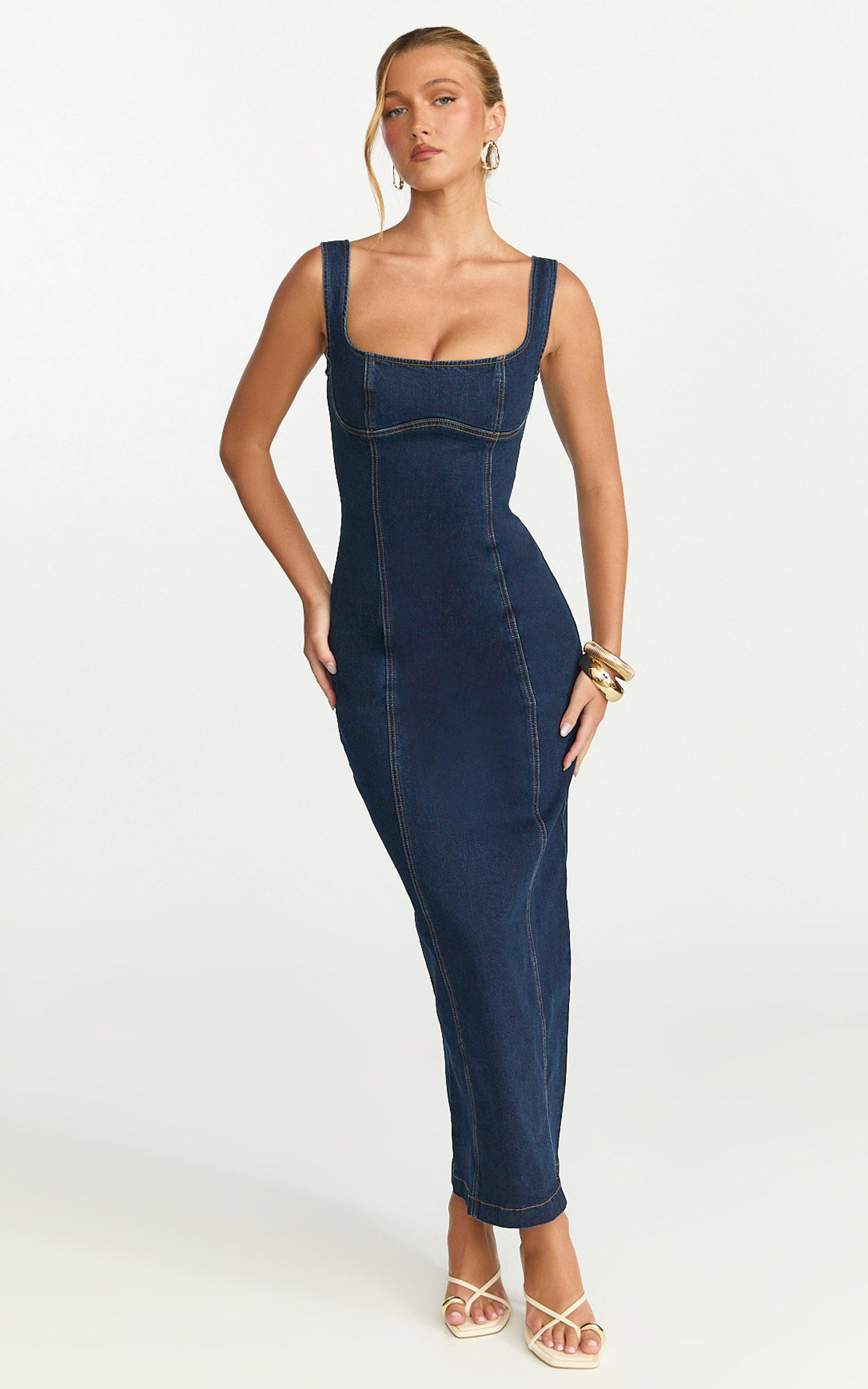 kristie maxi dress - wide neck corset detail denim dress in dark blue